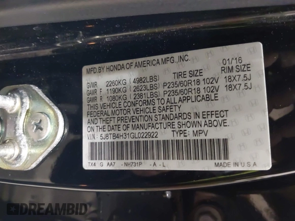 2016 Acura RDX with VIN 5J8TB4H31GL022922, listed as a IAAI auction lot 41560891 with 160,533 mi miles. Bid and sale history available at carsss.com. Image 9.