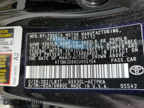 2012 Toyota Avalon z VIN 4T1BK3DB8CU455154, wystawiony jako Copart lot #58121415 z przebiegiem Nie podano mil oraz Szkoda całkowita • Salvage title. Historia ofert i sprzedaży dostępna na DreamBid. Obrazek 12.