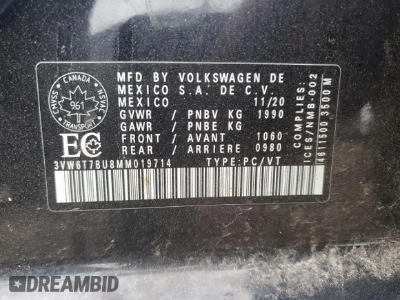 2021 Volkswagen Jetta GLI S with VIN 3VW6T7BU8MM019714, listed as a Copart auction lot 60979755 with 99,289 mi miles and Salvage title. Bid and sale history available at DreamBid. Image 13.