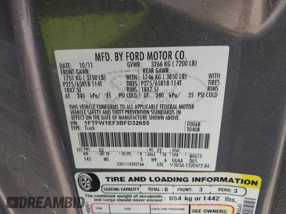 2011 Ford F-150 XL with VIN 1FTFW1EF3BFD32655, listed as a IAAI auction lot 42248640 with 141,415 mi miles and . Bid and sale history available at DreamBid. Image 9.