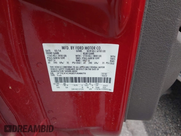 2014 Ford F-150 XL with VIN 1FTEX1CM2EFA98670, listed as a IAAI auction lot 42138558 with 181,374 mi miles and . Bid and sale history available at DreamBid. Image 9.