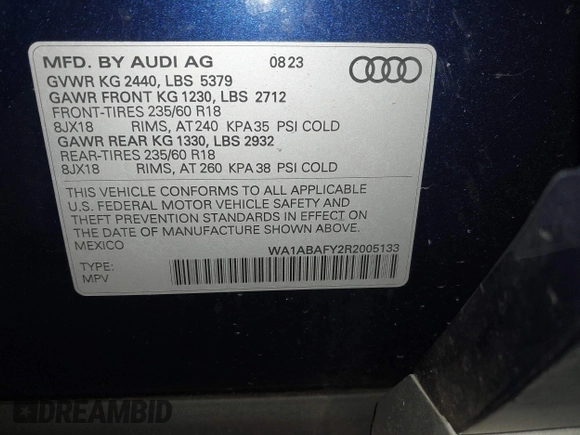 2024 Audi Q5 Premium with VIN WA1ABAFY2R2005133, listed as a IAAI auction lot 39315354 with 4,224 mi miles. Bid and sale history available at carsss.com. Image 9.