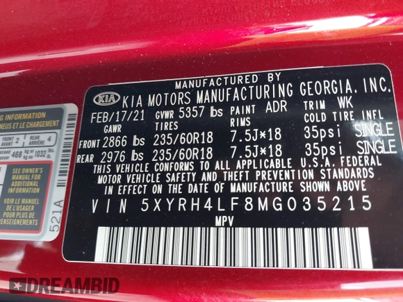 2021 Kia Sorento EX z VIN 5XYRH4LF8MG035215, wystawiony jako IAAI lot #42149481 z przebiegiem 39 408 mil mil oraz . Historia ofert i sprzedaży dostępna na DreamBid. Obrazek 9.