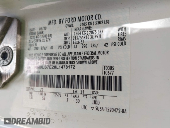 2020 Ford Transit Connect XL with VIN NM0LS7E28L1478172, listed as a IAAI auction lot 42315867 with 68,255 mi miles and . Bid and sale history available at DreamBid. Image 9.