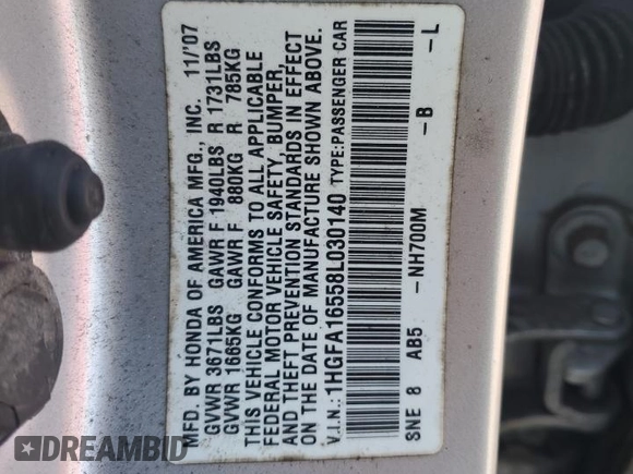 2008 Honda Civic LX with VIN 1HGFA16558L030140, listed as a Copart auction lot 43010515 with 61,171 mi miles and Salvage Title. Bid and sale history available at DreamBid. Image 13.