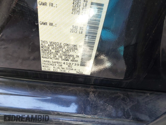2015 Nissan Altima SL z VIN 1N4BL3AP8FC419739, wystawiony jako IAAI lot #41658277 z przebiegiem 184 627 mil mil oraz . Historia ofert i sprzedaży dostępna na DreamBid. Obrazek 9.