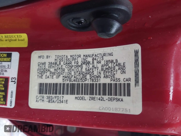 2013 Toyota Corolla L with VIN 5YFBU4EE5DP178331, listed as a IAAI auction lot 42126027 with 83,318 mi miles. Bid and sale history available at carsss.com. Image 9.