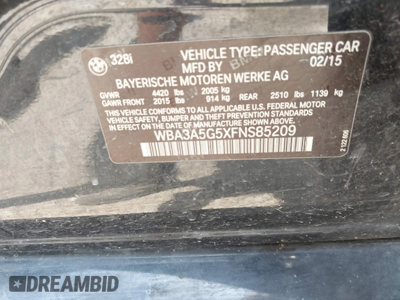 2015 BMW 3 Series 328i с VIN WBA3A5G5XFNS85209, выставлен на аукционе IAAI как лот 42428368 с пробегом 171 557 миль миль и . История ставок и продаж доступна на DreamBid. Изображение 9.