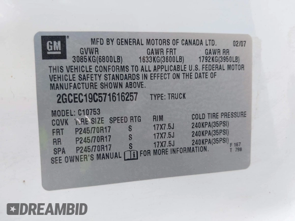 2007 Chevrolet Silverado 1500 Work Truck with VIN 2GCEC19C571616257, listed as a IAAI auction lot 42066169 with 217,635 mi miles and . Bid and sale history available at DreamBid. Image 9.