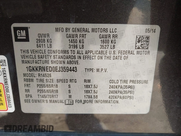 2014 GMC Acadia SLE with VIN 1GKKRNED0EJ359443, listed as a IAAI auction lot 41881129 with 100,998 mi miles and . Bid and sale history available at carsss.com. Image 9.