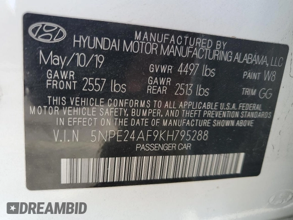 2019 Hyundai Sonata SE with VIN 5NPE24AF9KH795288, listed as a Copart auction lot 50365985 with 82,772 mi miles and Salvage Title. Bid and sale history available at carsss.com. Image 12.