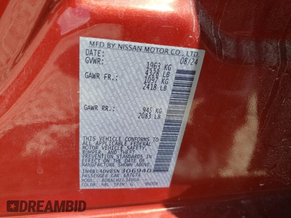 2025 Nissan Altima SV with VIN 1N4BL4DV8SN306940, listed as a Copart auction lot 54752565 with 11,081 mi miles and Salvage Title. Bid and sale history available at DreamBid. Image 13.