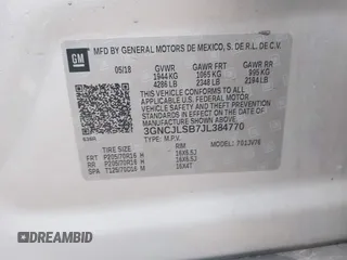 2018 Chevrolet Trax LT with VIN 3GNCJLSB7JL384770, listed as a IAAI auction lot 42176755 with 105,734 mi miles and . Bid and sale history available at carsss.com. Image 9.