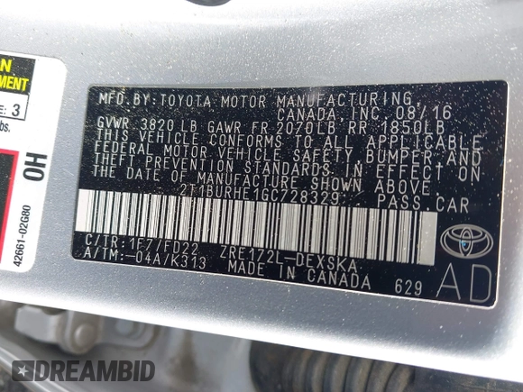 2016 Toyota Corolla L with VIN 2T1BURHE1GC728329, listed as a IAAI auction lot 42319859 with 110,623 mi miles and . Bid and sale history available at DreamBid. Image 9.