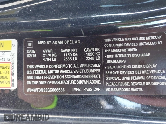 2016 Buick Cascada Premium with VIN W04WT3N52GG066536, listed as a IAAI auction lot 42379978 with 102,946 mi miles and . Bid and sale history available at DreamBid. Image 9.