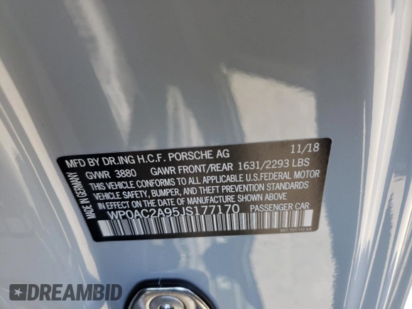 2018 Porsche 911 GT3 with VIN WP0AC2A95JS177170, listed as a Copart auction lot 60147504 with 7,925 mi miles and Clean Title. Bid and sale history available at DreamBid. Image 12.