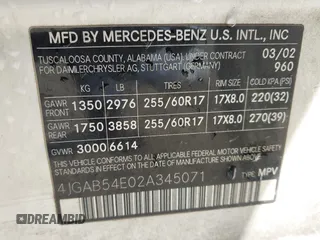 2002 Mercedes-Benz M 320/430/500 with VIN 4JGAB54E02A345071, listed as a IAAI auction lot 42158686 with Not provided miles and . Bid and sale history available at DreamBid. Image 9.