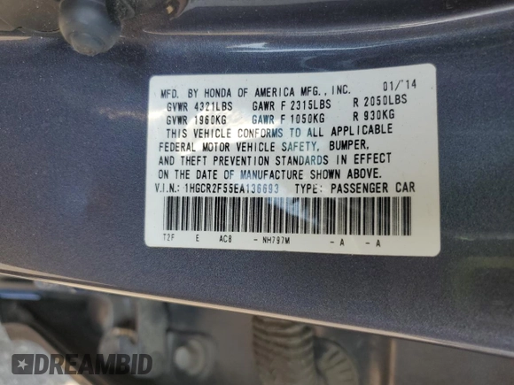 2014 Honda Accord Sport with VIN 1HGCR2F55EA136693, listed as a Copart auction lot 52370475 with 180,700 mi miles and Salvage Title. Bid and sale history available at DreamBid. Image 12.