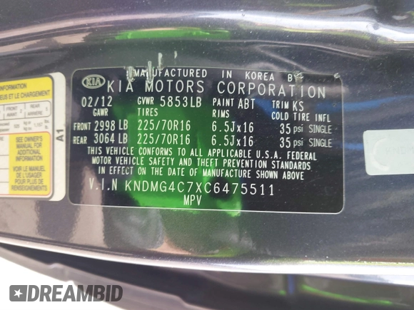 2012 Kia Sedona LX with VIN KNDMG4C7XC6475511, listed as a IAAI auction lot 41845131 with 132,023 mi miles. Bid and sale history available at carsss.com. Image 9.