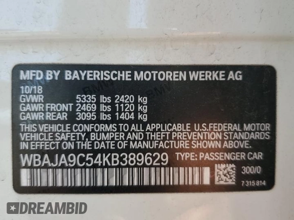 2019 BMW 5 Series 530e с VIN WBAJA9C54KB389629, выставлен на аукционе Copart как лот 52256265 с пробегом 112 642 миль миль и Списание • Salvage title. История ставок и продаж доступна на DreamBid. Изображение 15.