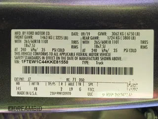 2019 Ford F-150 XL with VIN 1FTEW1C44KKE81550, listed as a IAAI auction lot 42012568 with 53,978 mi miles and . Bid and sale history available at carsss.com. Image 9.