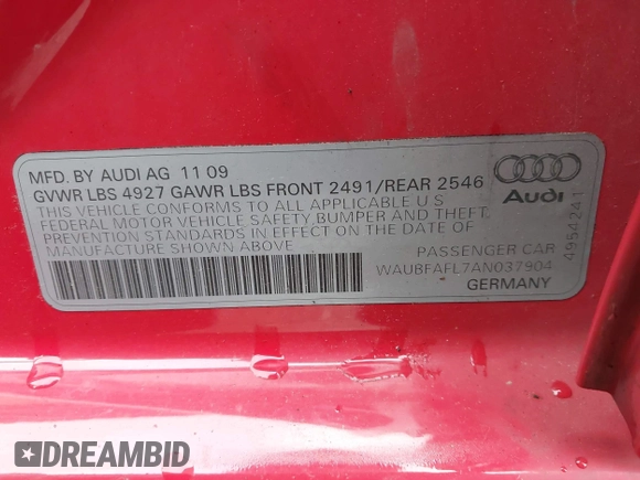 2010 Audi A4 2.0T Premium with VIN WAUBFAFL7AN037904, listed as a IAAI auction lot 41763722 with 110,445 mi miles. Bid and sale history available at carsss.com. Image 12.