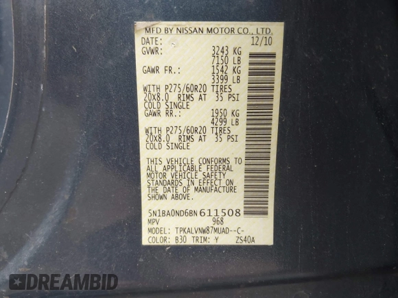 2011 Nissan Armada SV with VIN 5N1BA0ND6BN611508, listed as a IAAI auction lot 42031384 with 228,523 mi miles and . Bid and sale history available at DreamBid. Image 9.