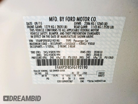 2015 Ford Taurus Limited with VIN 1FAHP2F85FG192190, listed as a Copart auction lot 62029705 with 11,580 mi miles and Salvage title. Bid and sale history available at DreamBid. Image 12.