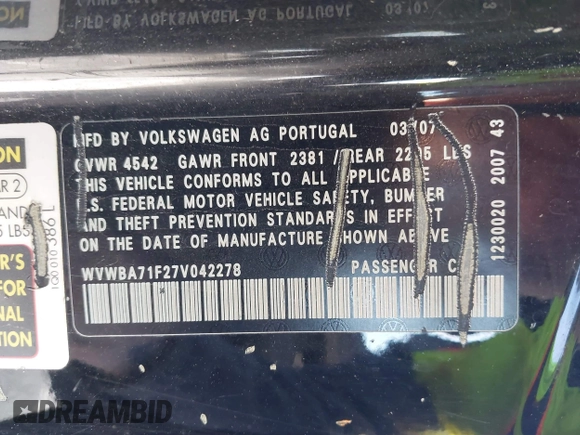 2007 Volkswagen Eos 2.0T with VIN WVWBA71F27V042278, listed as a IAAI auction lot 41768299 with 208,346 mi miles and . Bid and sale history available at DreamBid. Image 9.