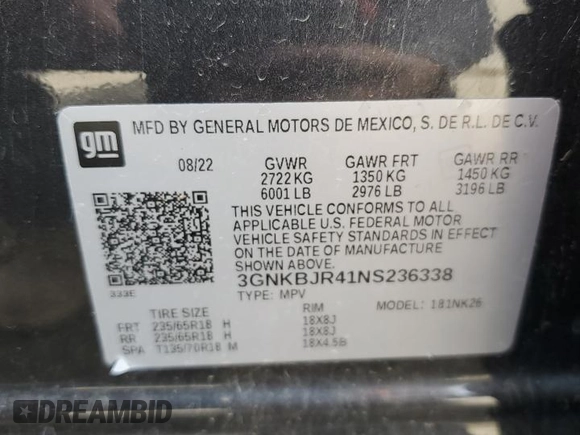 2022 Chevrolet Blazer LT with VIN 3GNKBJR41NS236338, listed as a Copart auction lot 59004265 with 61,561 mi miles and Salvage title. Bid and sale history available at DreamBid. Image 14.