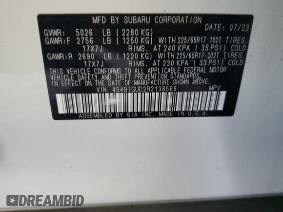 2024 Subaru Outback Wilderness with VIN 4S4BTGUD2R3138569, listed as a Copart auction lot 63275875 with 21,641 mi miles and Salvage title. Bid and sale history available at DreamBid. Image 14.