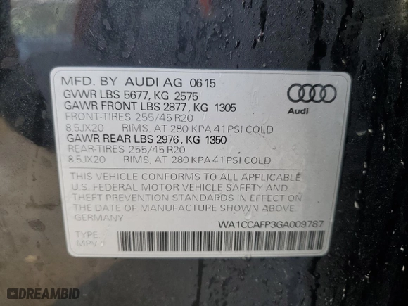 2016 Audi SQ5 Premium Plus with VIN WA1CCAFP3GA009787, listed as a Copart auction lot 46664545 with 69,409 mi miles and Salvage Title. Bid and sale history available at carsss.com. Image 13.