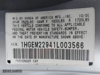 2001 Honda Civic EX with VIN 1HGEM22941L003566, listed as a IAAI auction lot 41554036 with 1 mi miles. Bid and sale history available at carsss.com. Image 9.