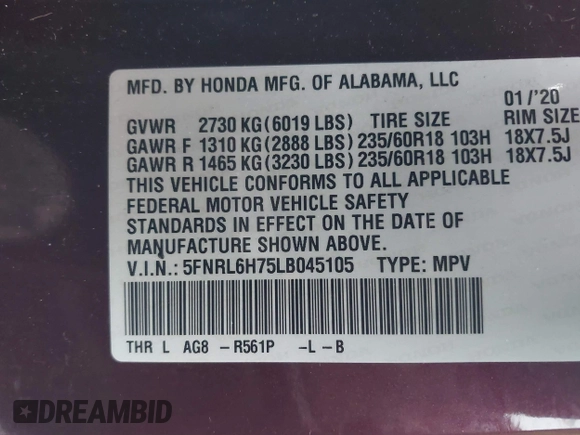 2020 Honda Odyssey EX-L with VIN 5FNRL6H75LB045105, listed as a IAAI auction lot 41499974 with 90,469 mi miles. Bid and sale history available at carsss.com. Image 9.