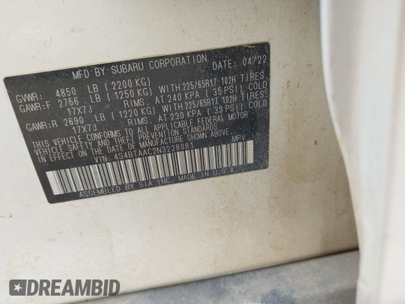 2022 Subaru Outback with VIN 4S4BTAAC2N3228081, listed as a IAAI auction lot 42166536 with 62,566 mi miles and . Bid and sale history available at DreamBid. Image 9.
