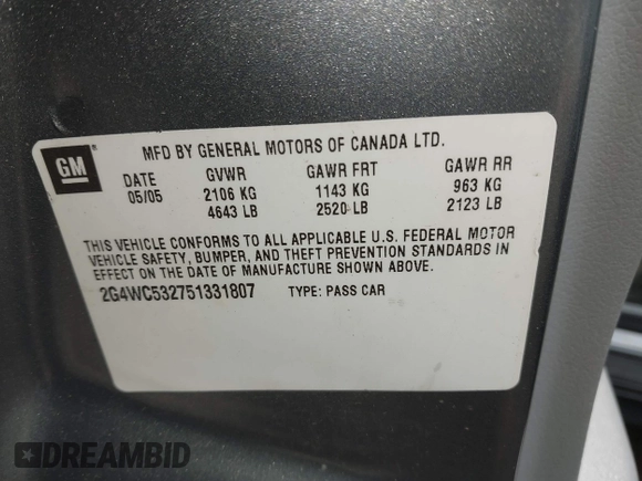2005 Buick LaCrosse CX z VIN 2G4WC532751331807, wystawiony jako IAAI lot #42421785 z przebiegiem 104 039 mil mil oraz . Historia ofert i sprzedaży dostępna na DreamBid. Obrazek 9.