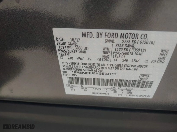 2017 Ford Explorer XLT with VIN 1FM5K8DH8HGE34115, listed as a IAAI auction lot 41890708 with 56,511 mi miles. Bid and sale history available at carsss.com. Image 9.