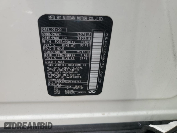 2021 Infiniti QX50 Essential with VIN 3PCAJ5CBXMF105793, listed as a Copart auction lot 79343664 with 47,913 mi miles and Salvage title. Bid and sale history available at DreamBid. Image 13.