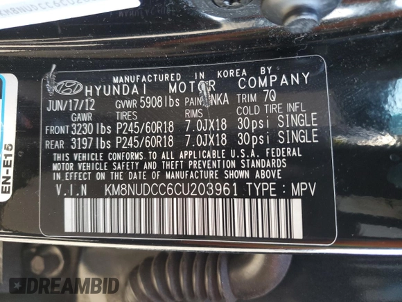 2012 Hyundai Veracruz Limited с VIN KM8NUDCC6CU203961, выставлен на аукционе Copart как лот 80849164 с пробегом 105 423 миль миль и Чистый • Clean title. История ставок и продаж доступна на DreamBid. Изображение 13.
