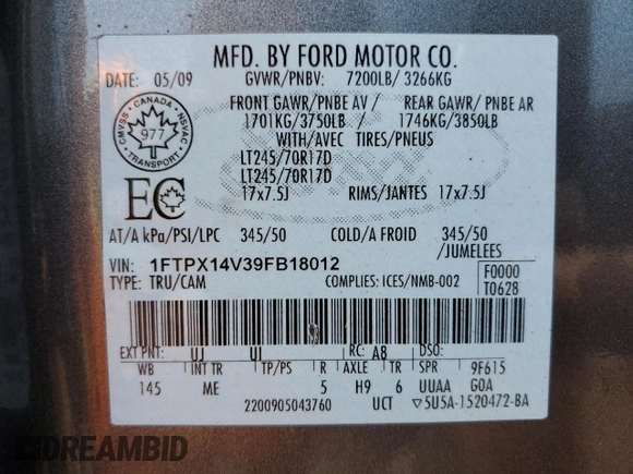 2009 Ford F-150 XL with VIN 1FTPX14V39FB18012, listed as a Copart auction lot 60127295 with 156,692 mi miles and Clean title. Bid and sale history available at DreamBid. Image 12.