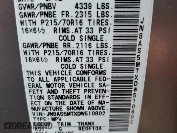 2013 Nissan Rogue SL with VIN JN8AS5MTXDW510802, listed as a Copart auction lot 50065415 with 152,809 mi miles and Salvage Title. Bid and sale history available at carsss.com. Image 13.