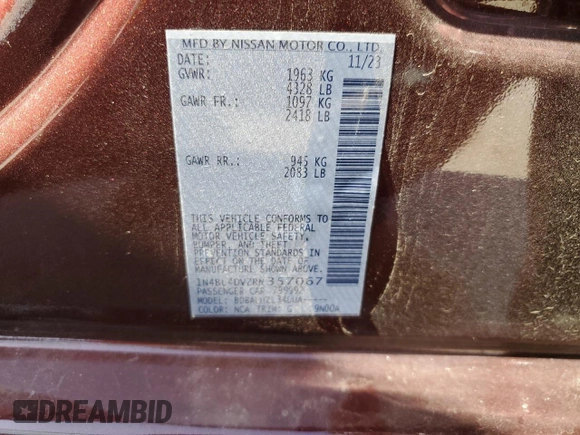 2024 Nissan Altima 2.5 SV with VIN 1N4BL4DV2RN357067, listed as a Copart auction lot 48798855 with 33,462 mi miles and Salvage Title. Bid and sale history available at carsss.com. Image 14.