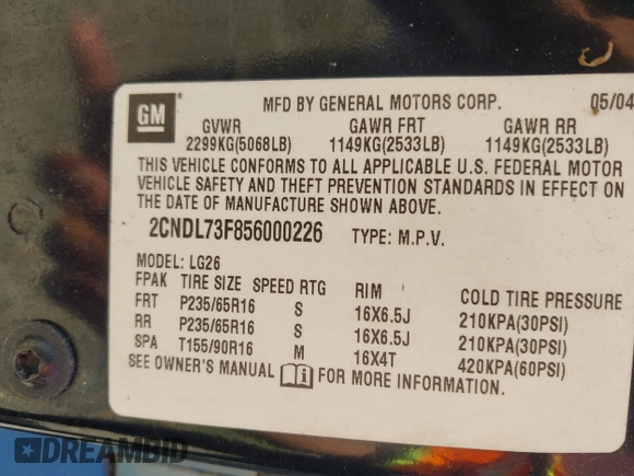 2005 Chevrolet Equinox LT z VIN 2CNDL73F856000226, wystawiony jako IAAI lot #42229556 z przebiegiem 197 791 mil mil oraz . Historia ofert i sprzedaży dostępna na DreamBid. Obrazek 9.