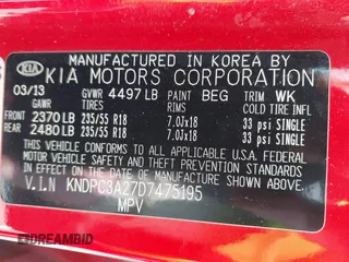 2013 Kia Sportage EX with VIN KNDPC3A27D7475195, listed as a IAAI auction lot 42623097 with 88,728 mi miles and . Bid and sale history available at DreamBid. Image 9.