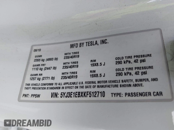 2019 Tesla Model 3 Long Range with VIN 5YJ3E1EBXKF512710, listed as a IAAI auction lot 42063737 with 90,721 mi miles and . Bid and sale history available at DreamBid. Image 9.