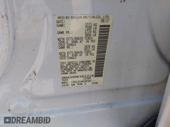 2017 Nissan Titan SL with VIN 1N6AA1E64HN565318, listed as a IAAI auction lot 41322120 with 114,515 mi miles and . Bid and sale history available at DreamBid. Image 9.