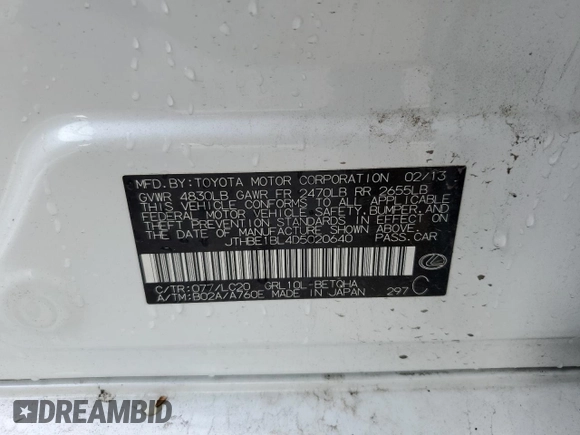 2013 Lexus GS 350 with VIN JTHBE1BL4D5020640, listed as a Copart auction lot 68943834 with 89,581 mi miles and Salvage Title. Bid and sale history available at DreamBid. Image 14.