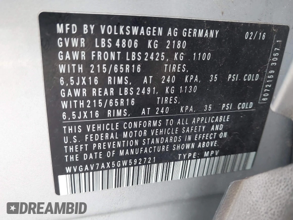 2016 Volkswagen Tiguan S z VIN WVGAV7AX5GW592721, wystawiony jako IAAI lot #42231177 z przebiegiem 64 967 mil mil oraz . Historia ofert i sprzedaży dostępna na DreamBid. Obrazek 9.