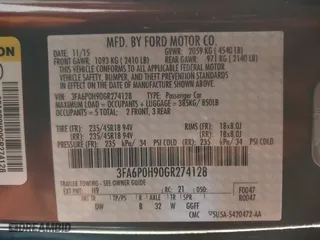 2016 Ford Fusion SE with VIN 3FA6P0H90GR274128, listed as a IAAI auction lot 40950722 with 109,440 mi miles. Bid and sale history available at carsss.com. Image 9.