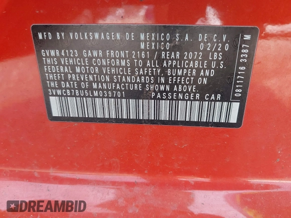 2020 Volkswagen Jetta S с VIN 3VWCB7BU5LM039701, выставлен на аукционе IAAI как лот 42372293 с пробегом 43 111 миль миль и . История ставок и продаж доступна на DreamBid. Изображение 9.